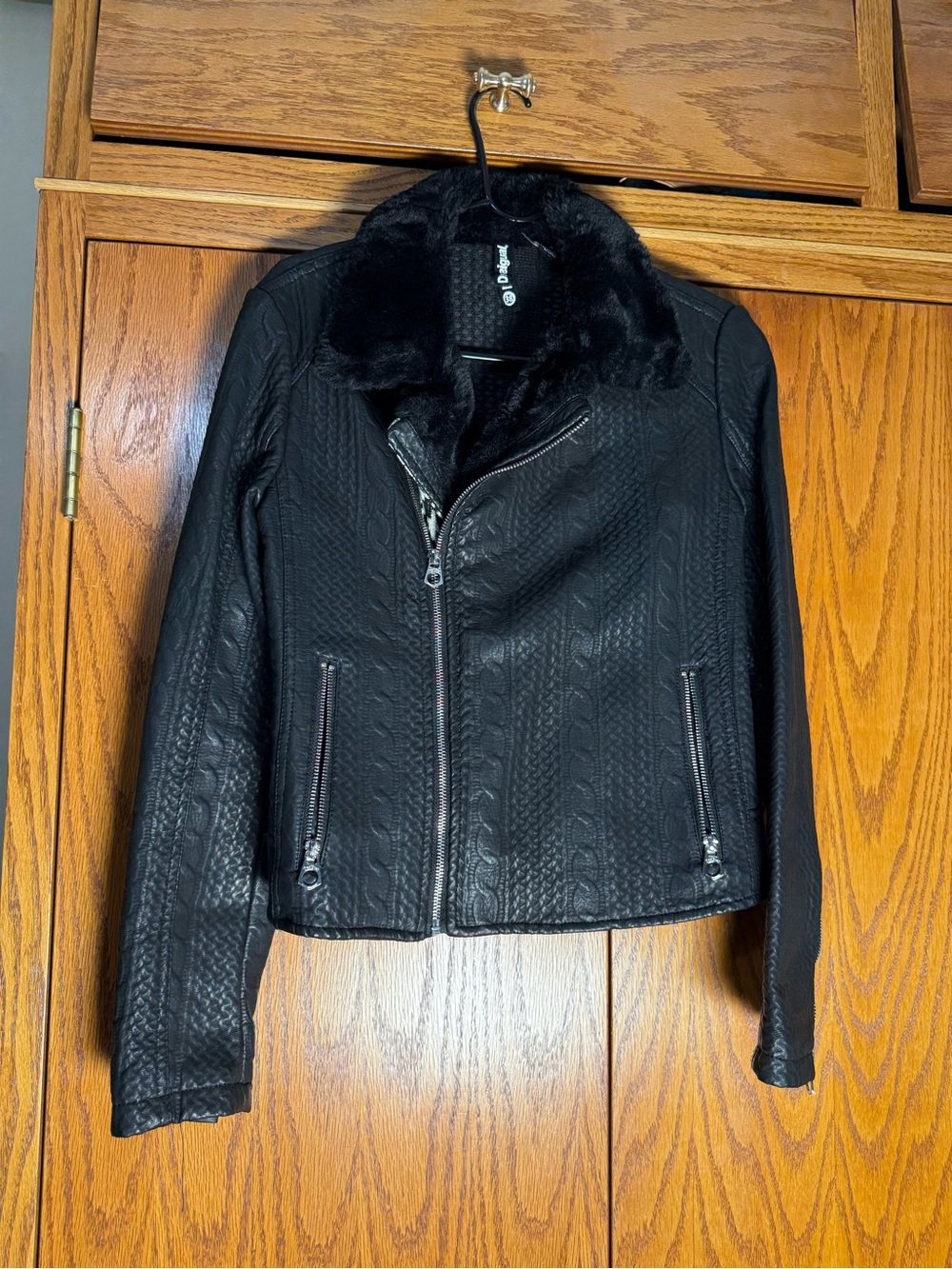 Desigual Black Faux Leather Moto Jacket with Fur Collar